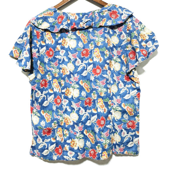 Chaps Linen Blend Button-Up Blouse Blue Floral Ruffled Collar Sz 12 Cottagecore - Picture 2 of 6